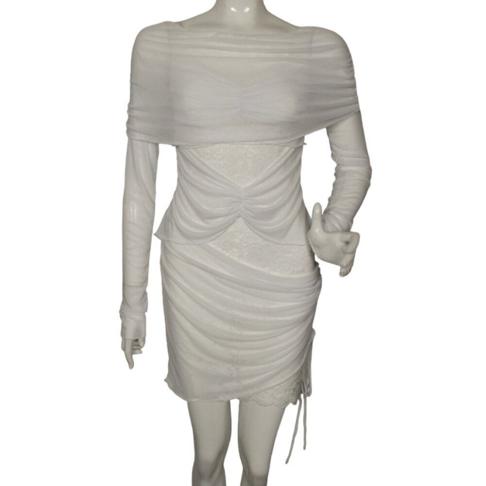new KIM SHUI Dress, M, White, Avant Garde, Mesh/Lace, Ruched, long Slv, REVOLVE